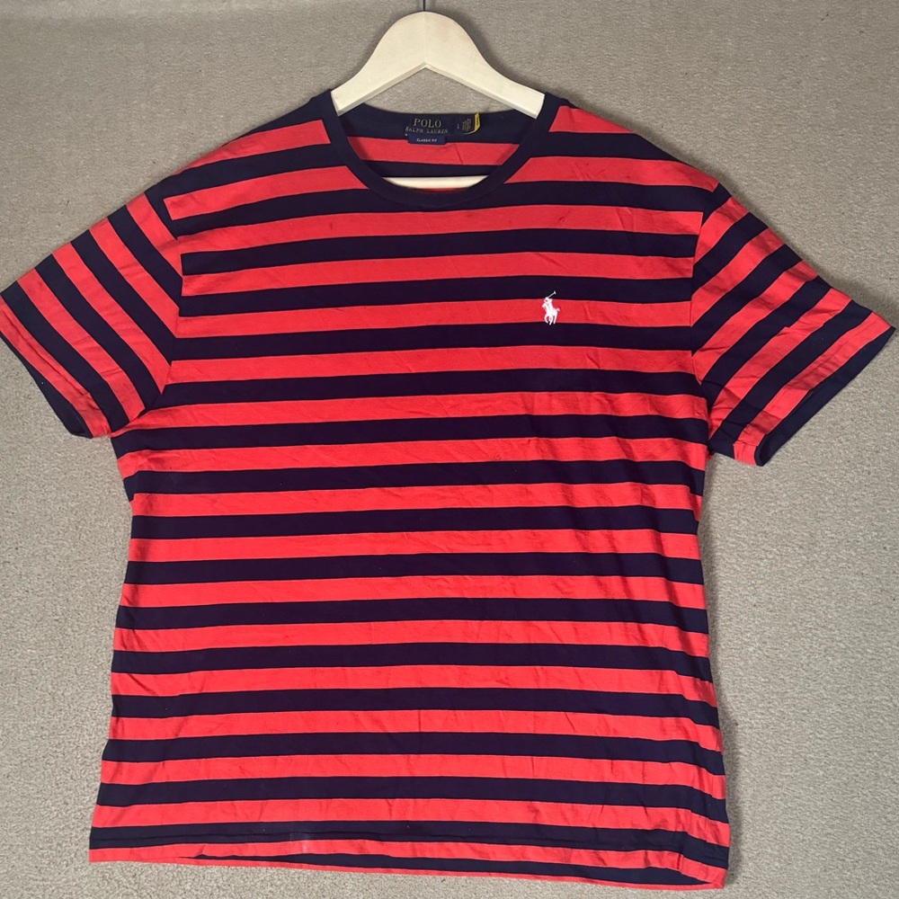 Polo Ralph Lauren Men Red Blue Stripe Crew-Neck Classic Fit T Shirt Large